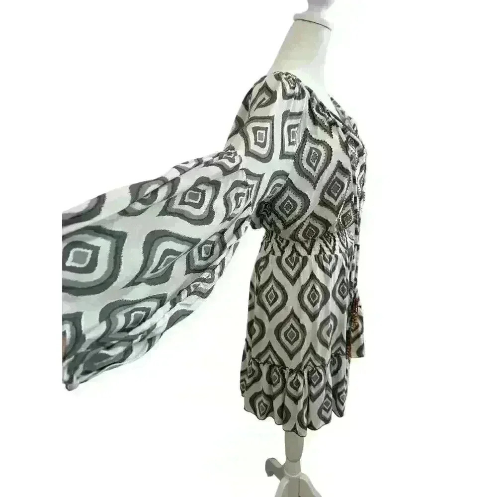 SKEMO NWOT Java Montana Short Dress Design Print Beaded With Elastic Waist Sz S - Picture 3 of 11
